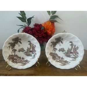 Vintage Johnson Brothers The Old Mill‎ Serving Bowls Brown Transferware Pair MCM